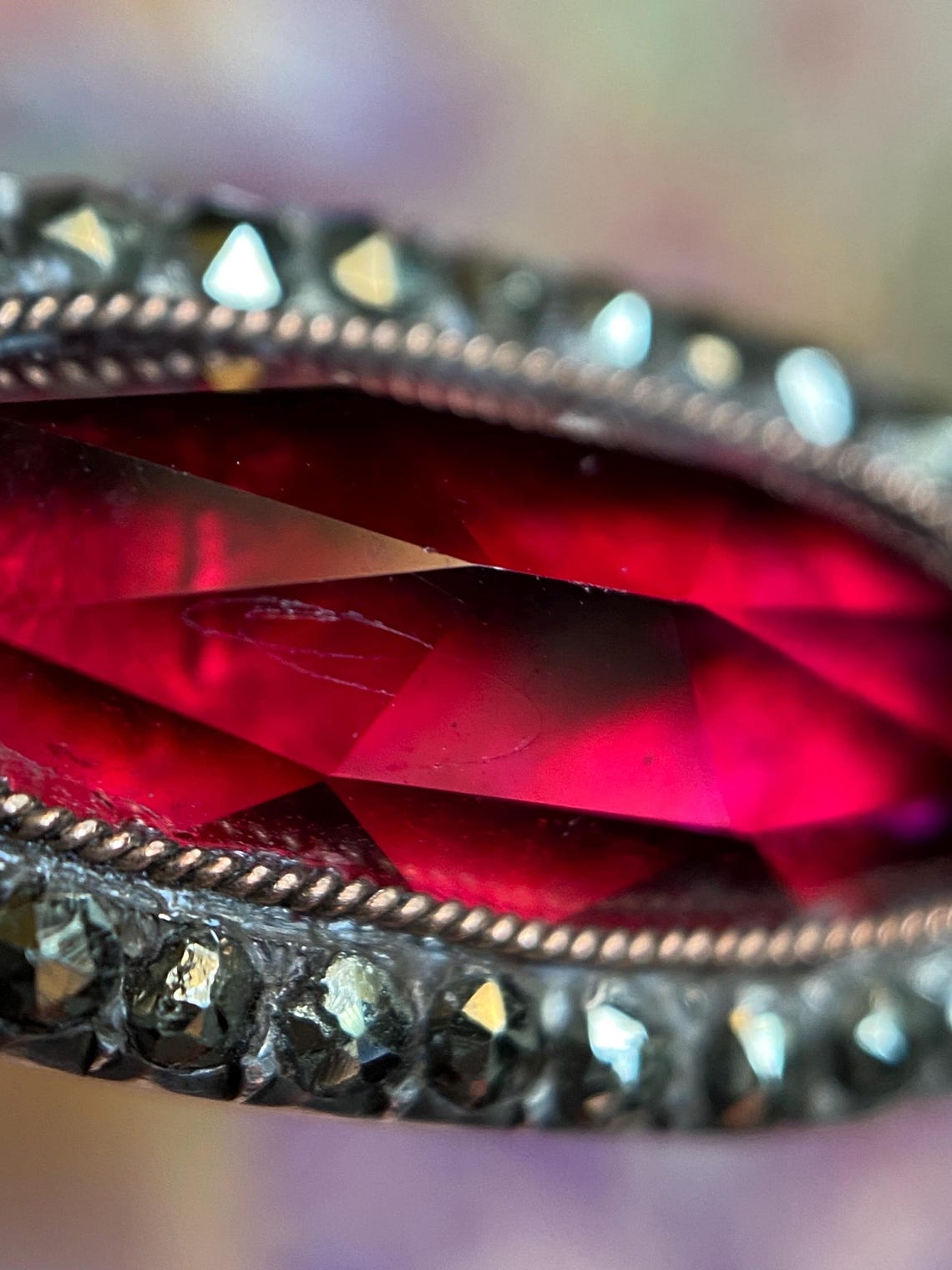 Antique Georgian French Oval Long Lozenge Foiled Garnet Paste with Marcasite Halo Ring in Silver and 18k Gold, 18th c, Cluster, Surround, Faceted