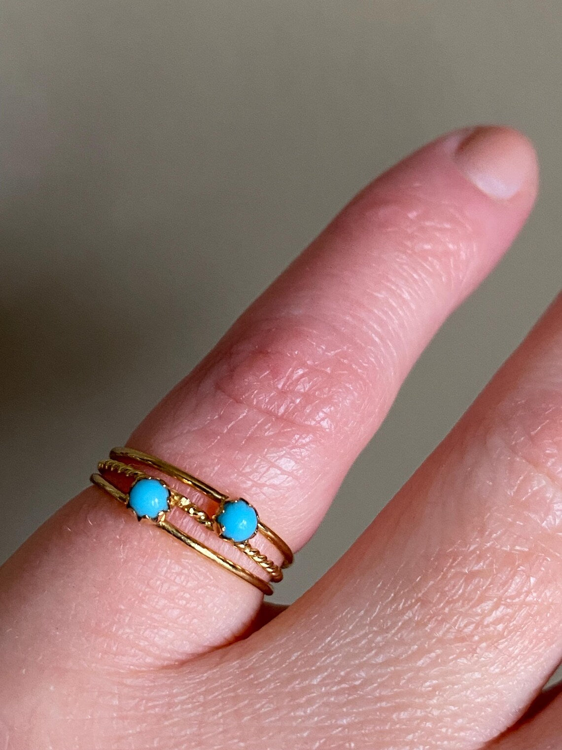 Vintage Retro Three Row Harem Ring with Two Faux Turquoise Cabochons 9k Gold circa 1940, Mid-Century, Stacking, 1940's, Dainty, Band, Multi