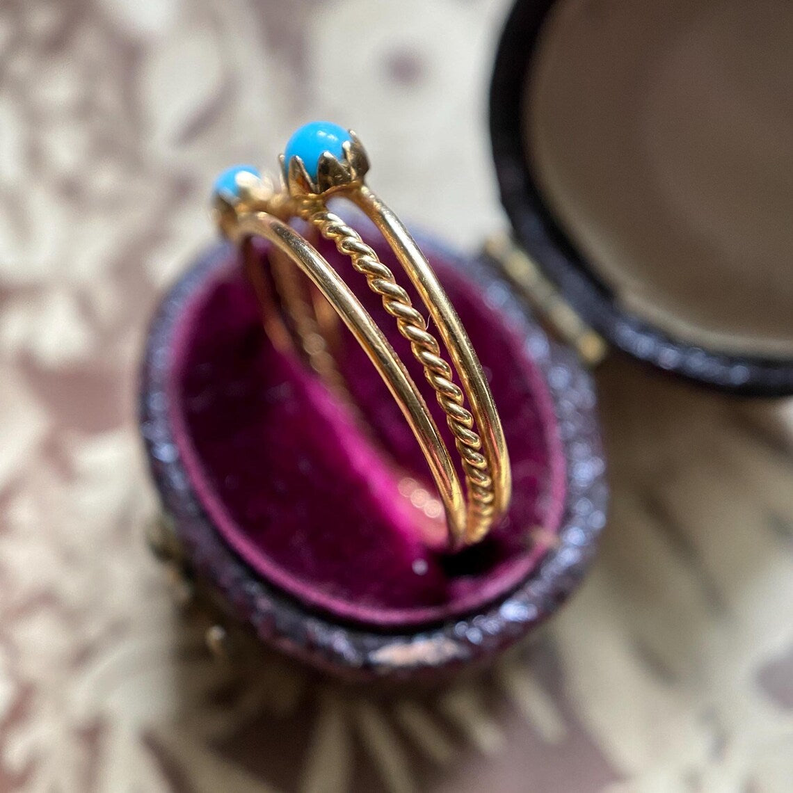 Vintage Retro Three Row Harem Ring with Two Faux Turquoise Cabochons 9k Gold circa 1940, Mid-Century, Stacking, 1940's, Dainty, Band, Multi
