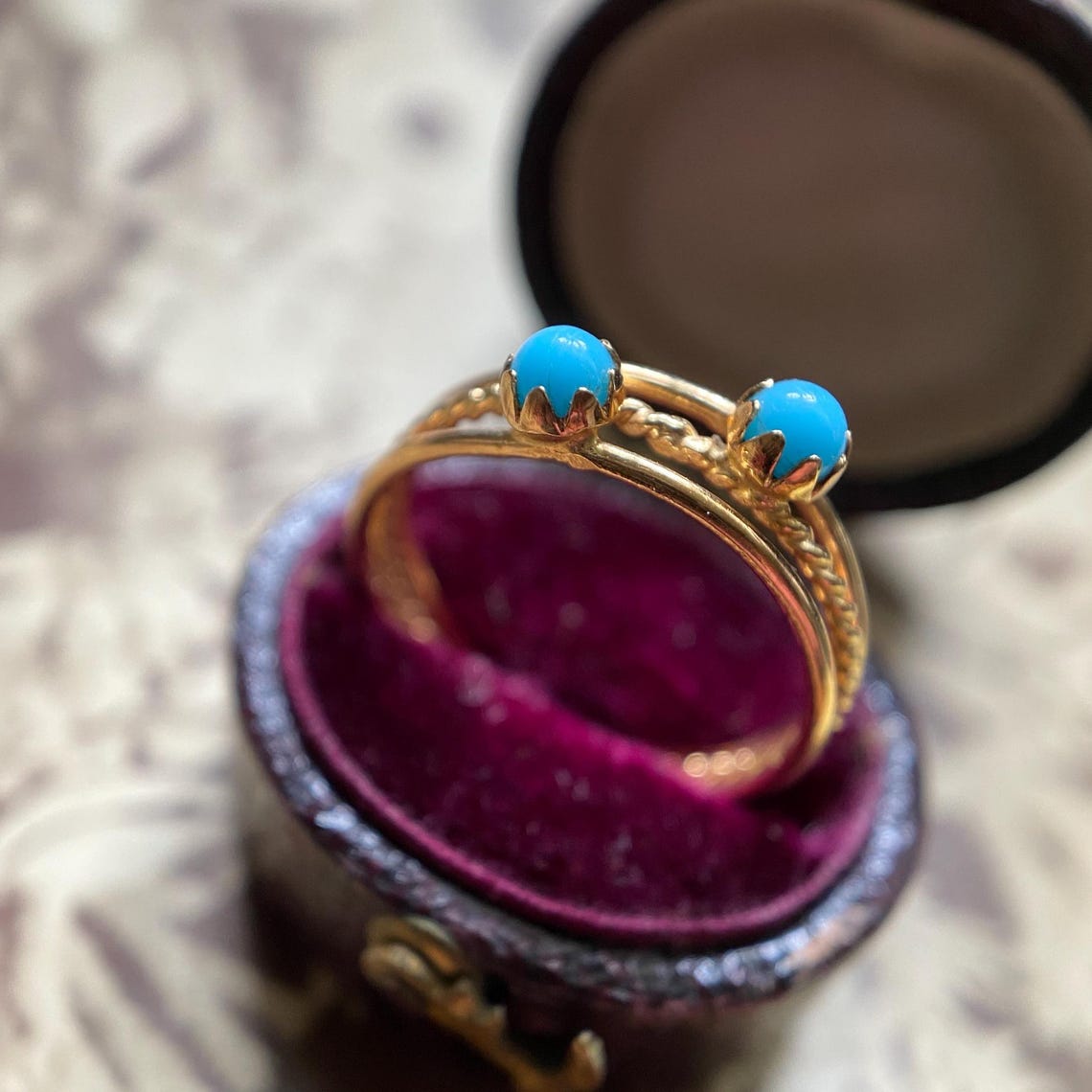 Vintage Retro Three Row Harem Ring with Two Faux Turquoise Cabochons 9k Gold circa 1940, Mid-Century, Stacking, 1940's, Dainty, Band, Multi