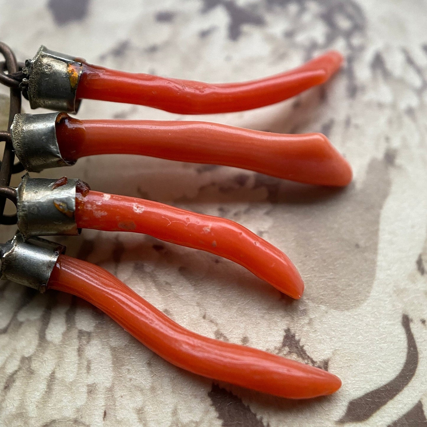 Antique Victorian Mother of Pearl Mano Figa with Coral Branch Dangles & Turquoise Bangle in Silver, Talisman, Amulet, Charm, Pendant, Fist