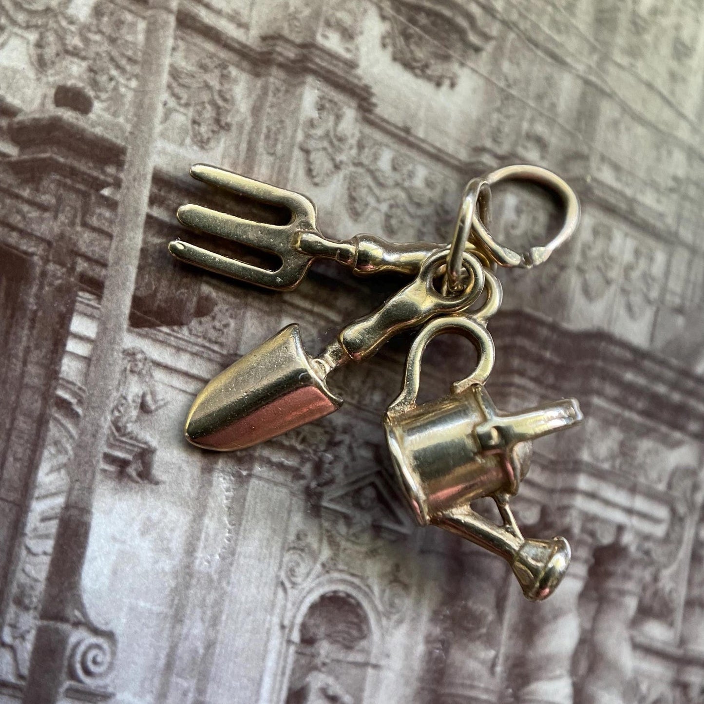 Vintage Set of 3 Gardening Tools with a Fork, Trowel & Watering Can Charm in 9k Gold c. 1970, Three-Dimensional, Retro, Pendant, Figural, Mid-Century