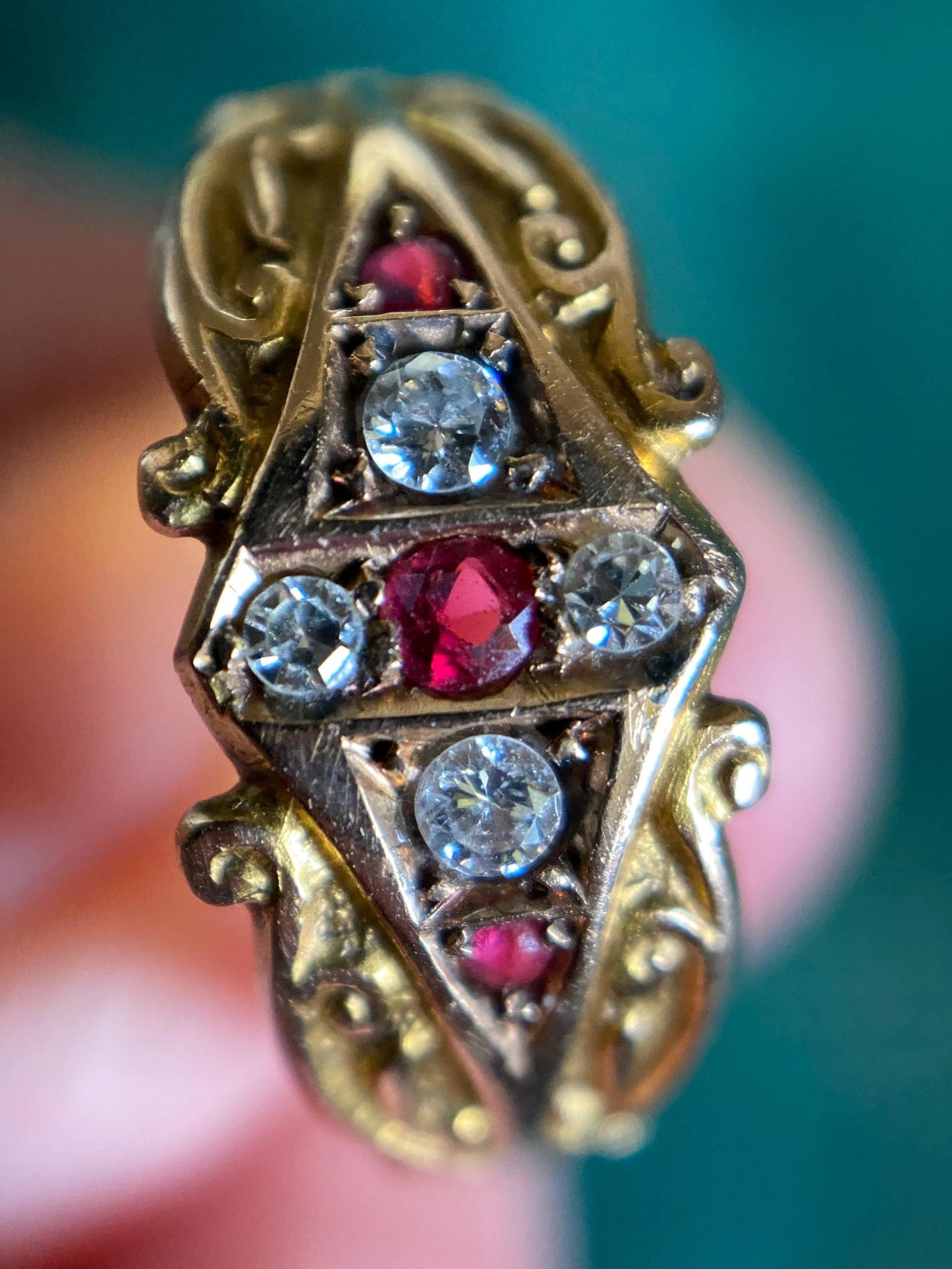 Antique Late Victorian/Early Edwardian English Foliate Motif Ruby & Diamond Ring in 15k Gold with Full Chester Hallmarks c. 1904, Vintage