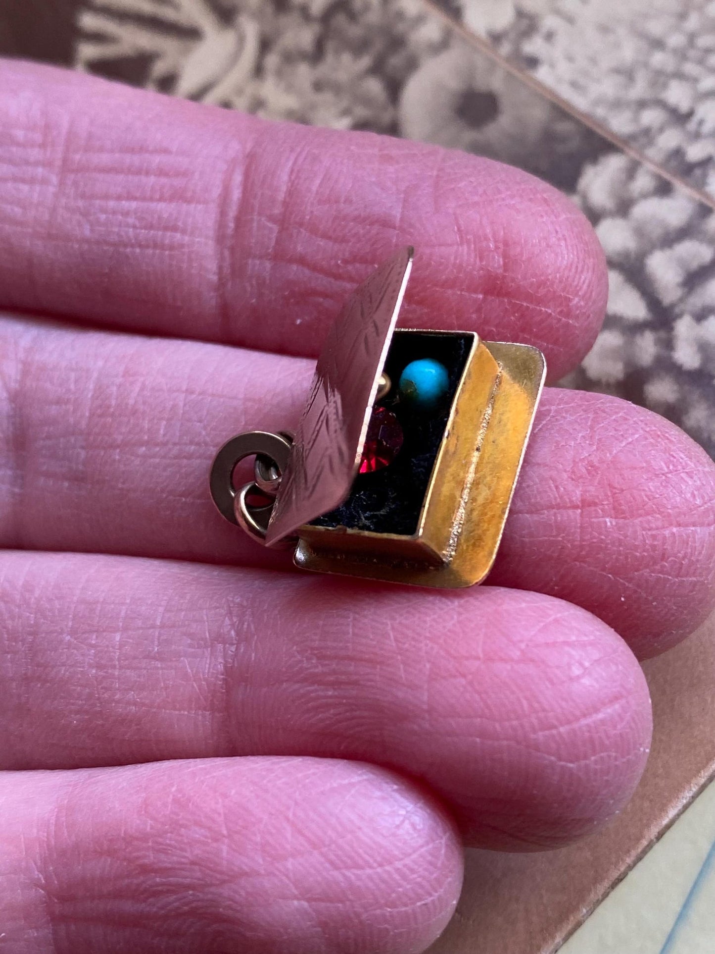 Vintage Mid-Century English Opening Treasure Chest Charm with Secret Gems Inside circa 1960 in 9k Gold, 20th Century, Articulated, Box, Locket