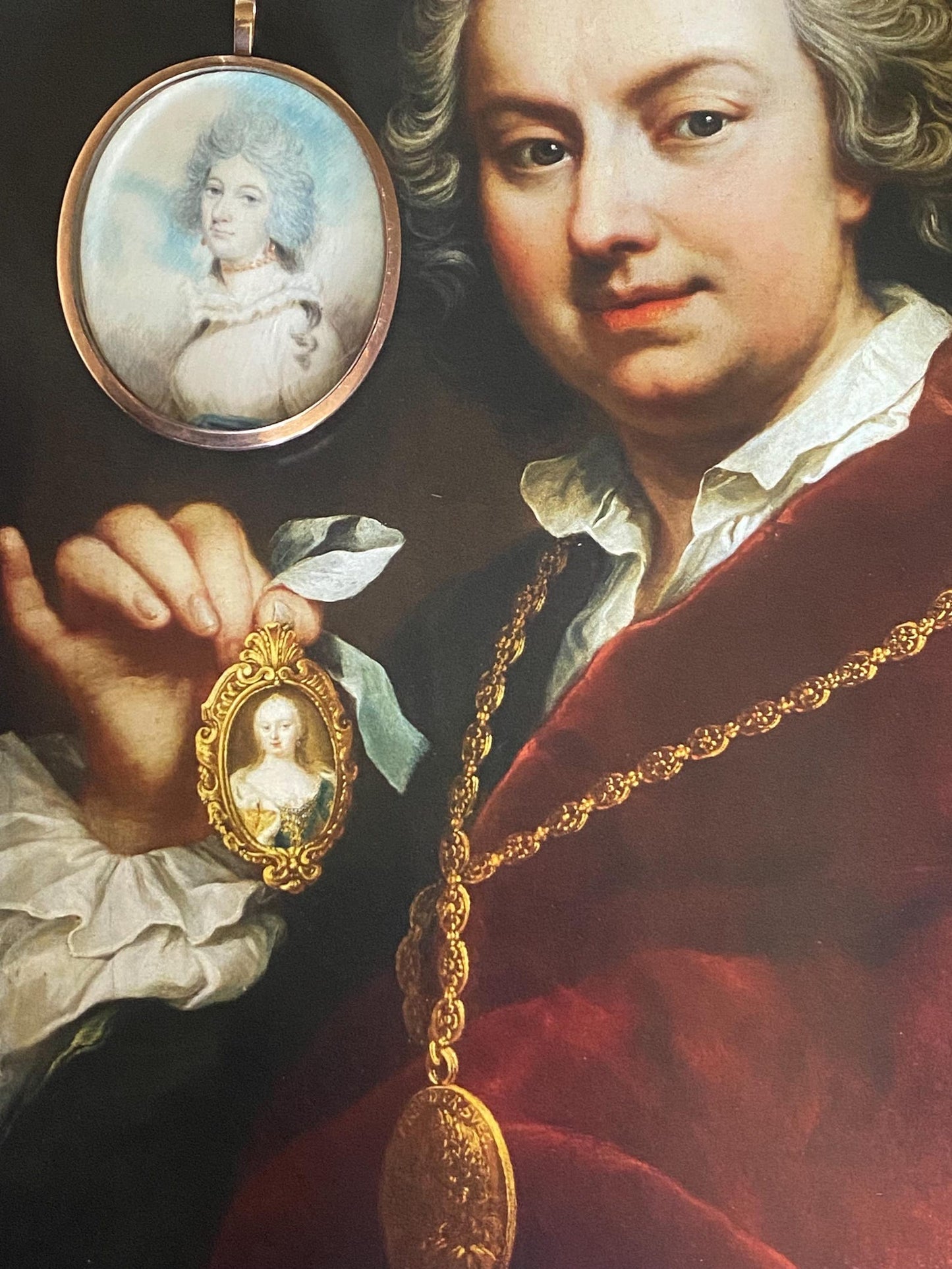 Antique Georgian Large Watercolor Portrait Miniature Pendant of Fashionable Woman with Coral Jewelry in Rose Gold, 18th Century, 1700's