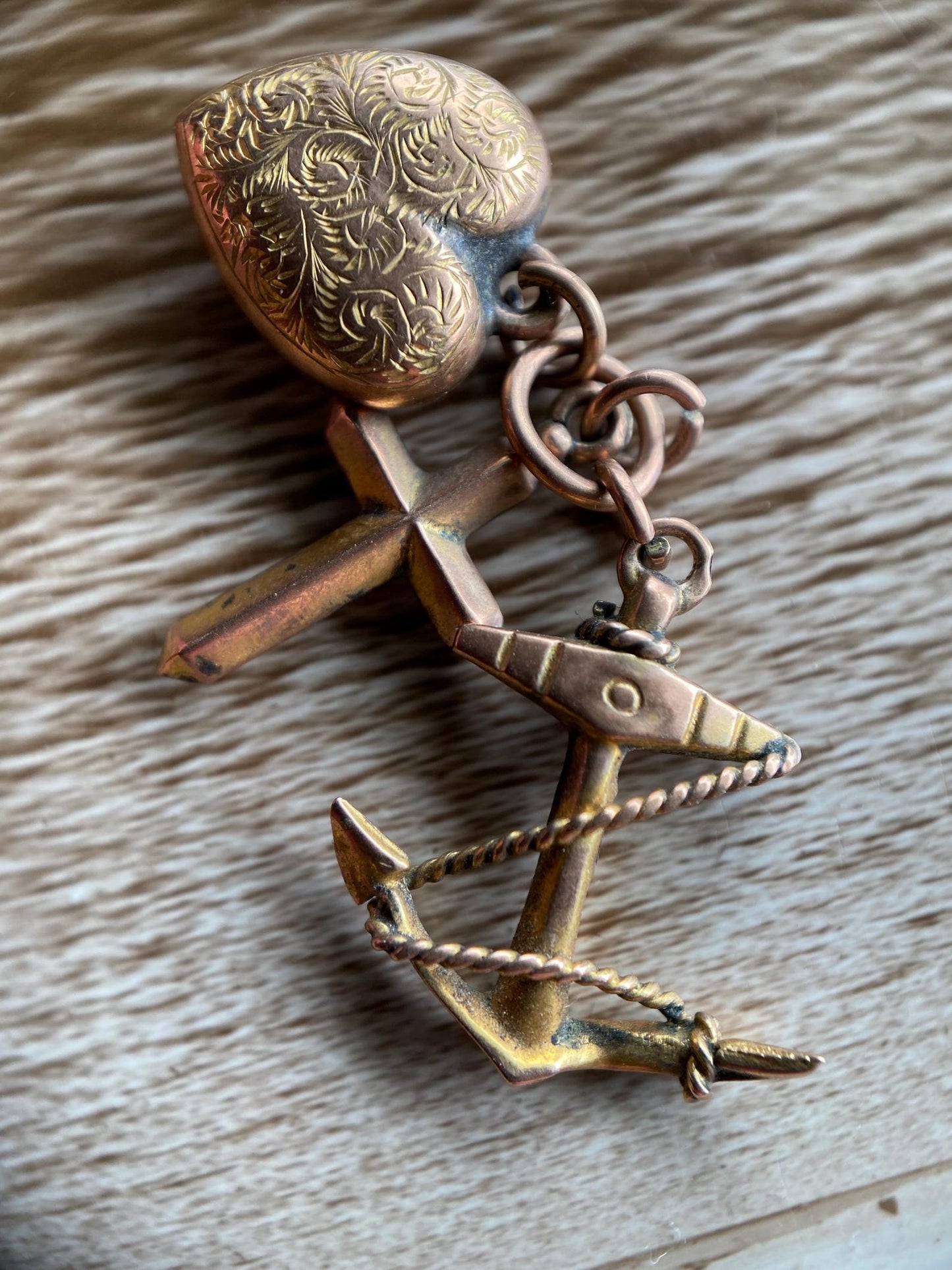 Antique Victorian Hope Faith and Charity Triple Charm with Puffy Heart, Cross & Anchor in 9k Rose Gold, Pendant, Bracelet, Necklace, 1800's