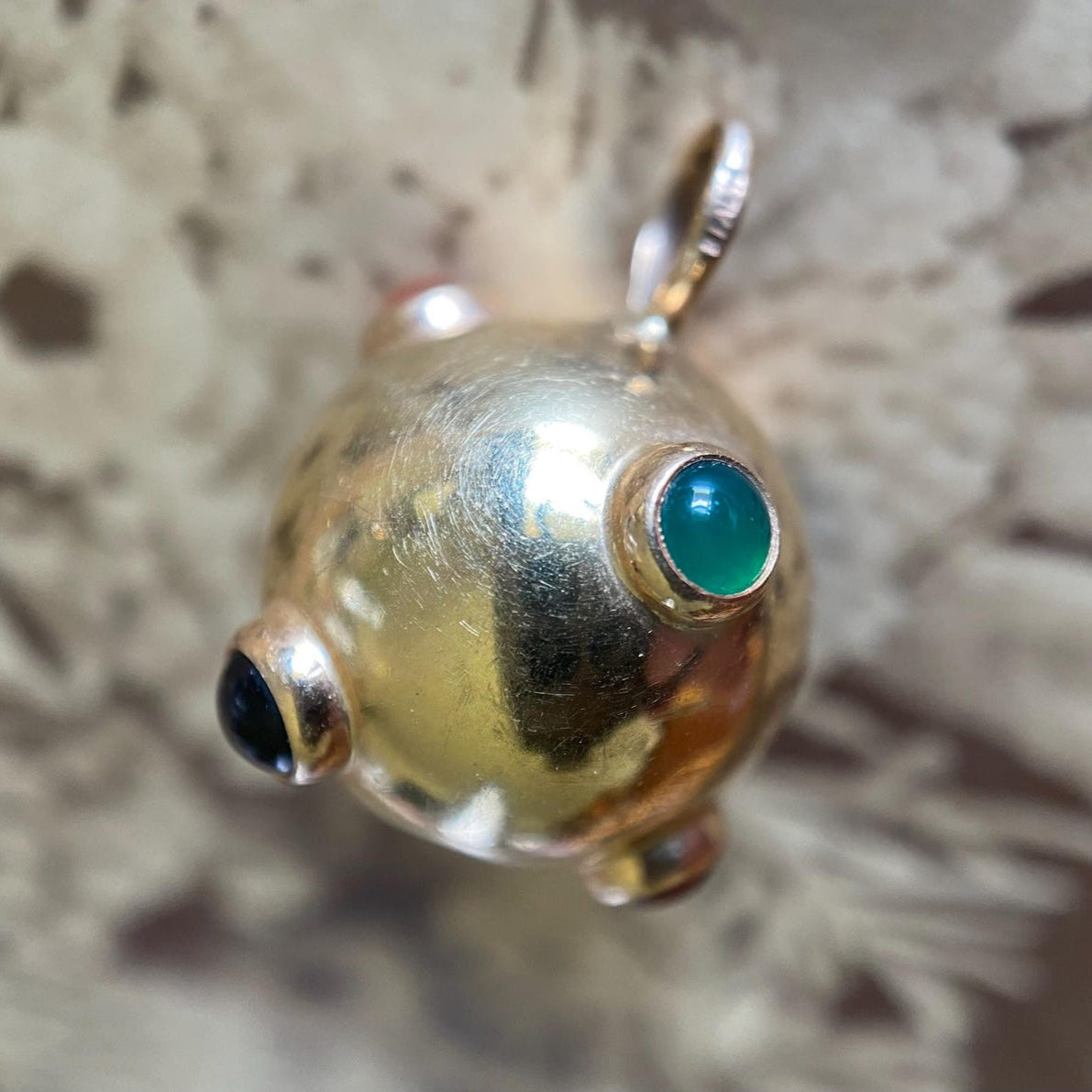 Vintage Italian Bejeweled Sputnik Orb Pendant in 14k Gold c. 1960, Ball, Sphere, Charm, Multi-Gemstone, Multi-Color, Mid-Century, Retro