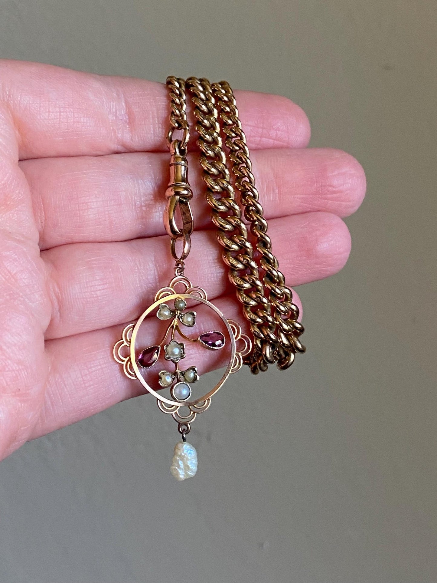 Antique Edwardian Round Openwork Floral Pattern Lavalier Pendant with Berry Pink Garnets, Seed Pearls & Baroque Pearl Dangle in 9k Gold circa 1910, Drop, Necklace, 1900's, Art Nouveau