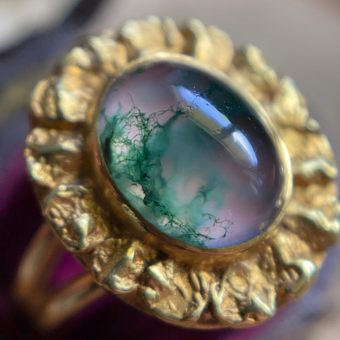 Vintage Ethereal Oval Pink Moss Agate Cabochon Ring with Textured Handmade Petal Bezel Frame in 14k Gold c. 1970, Floral, One of a Kind