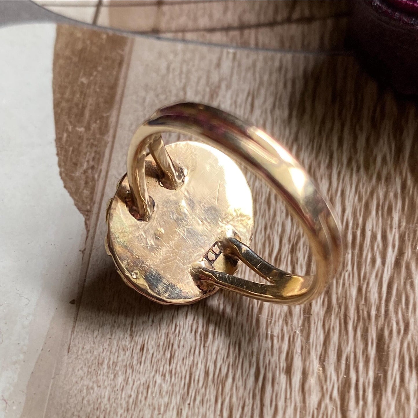Vintage Ethereal Oval Pink Moss Agate Cabochon Ring with Textured Handmade Petal Bezel Frame in 14k Gold c. 1970, Floral, One of a Kind