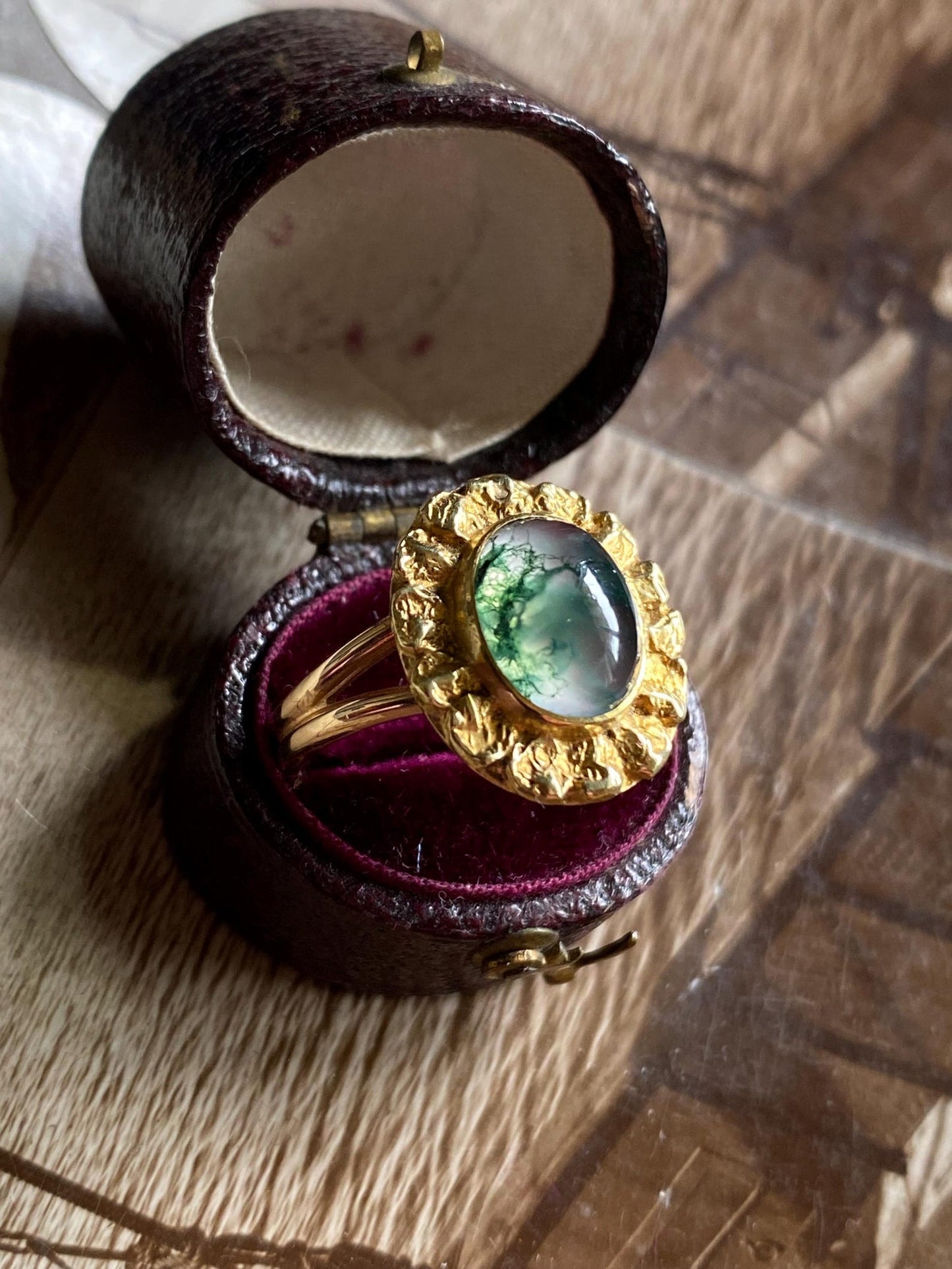 Vintage Ethereal Oval Pink Moss Agate Cabochon Ring with Textured Handmade Petal Bezel Frame in 14k Gold c. 1970, Floral, One of a Kind