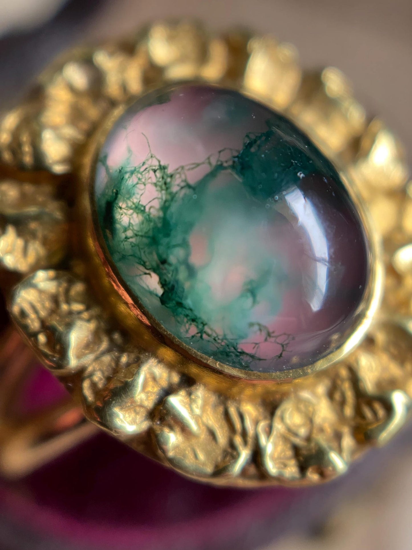 Vintage Ethereal Oval Pink Moss Agate Cabochon Ring with Textured Handmade Petal Bezel Frame in 14k Gold c. 1970, Floral, One of a Kind