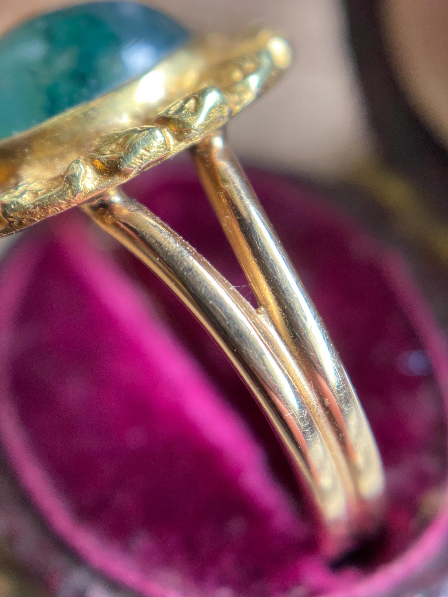 Vintage Ethereal Oval Pink Moss Agate Cabochon Ring with Textured Handmade Petal Bezel Frame in 14k Gold c. 1970, Floral, One of a Kind