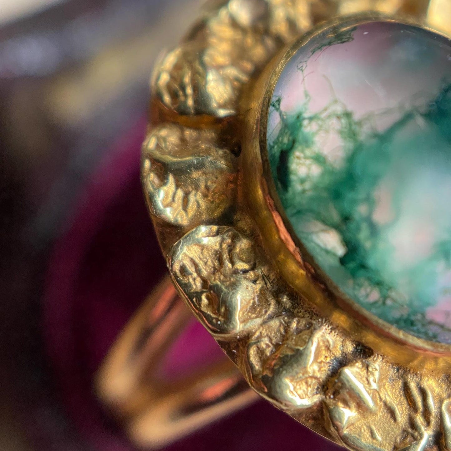 Vintage Ethereal Oval Pink Moss Agate Cabochon Ring with Textured Handmade Petal Bezel Frame in 14k Gold c. 1970, Floral, One of a Kind