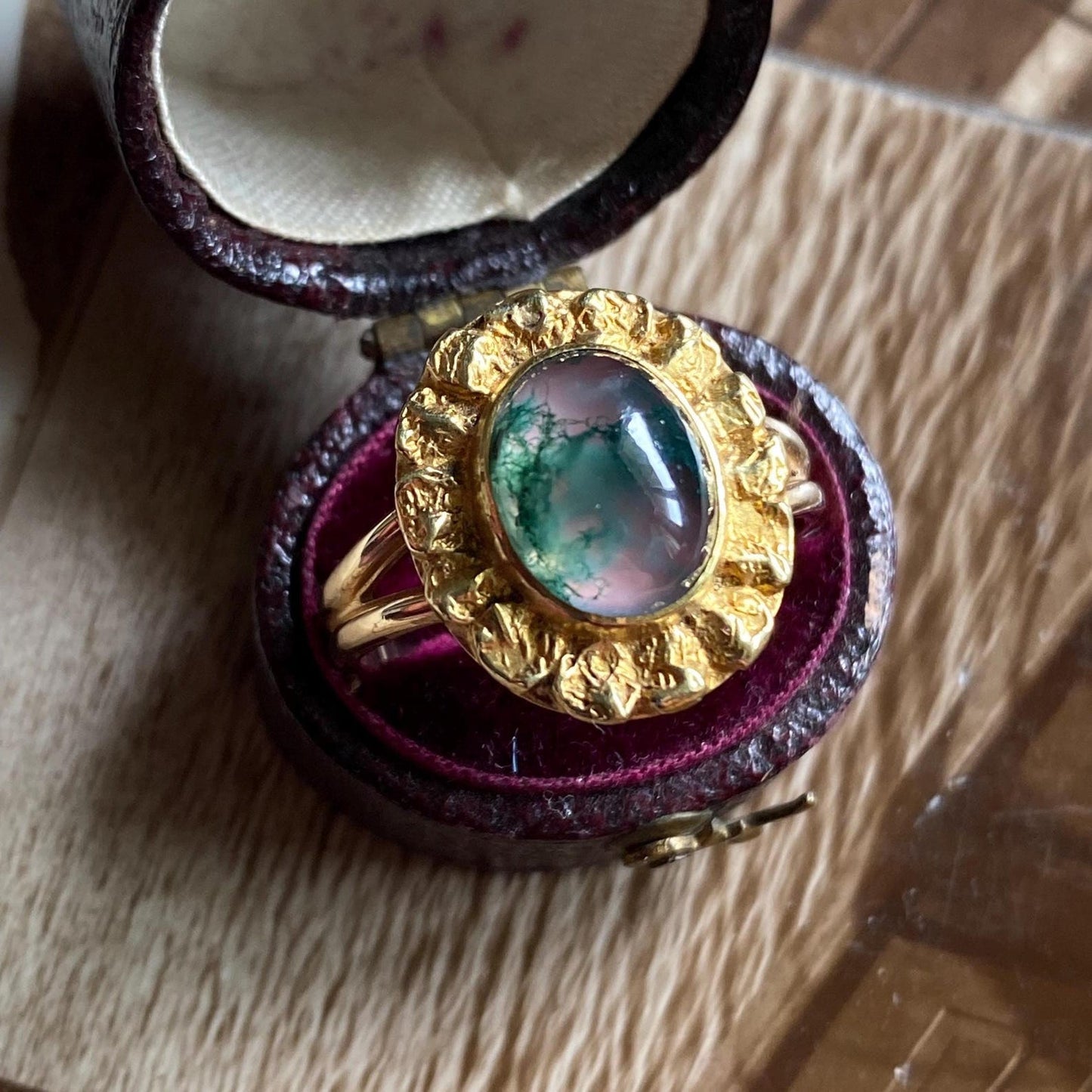 Vintage Ethereal Oval Pink Moss Agate Cabochon Ring with Textured Handmade Petal Bezel Frame in 14k Gold c. 1970, Floral, One of a Kind