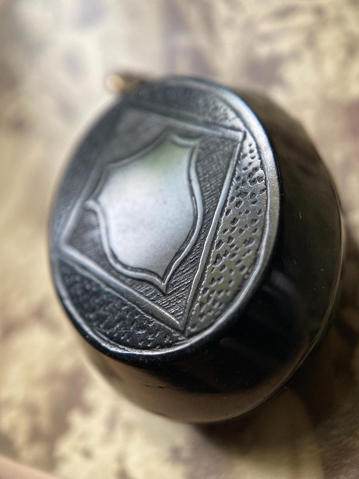 Antique Victorian Carved Jet Double Sided Mourning Locket with Etched Shield and Scalloped Frame Motifs, Pendant, Necklace, 1800's, Memorial, Memento Mori