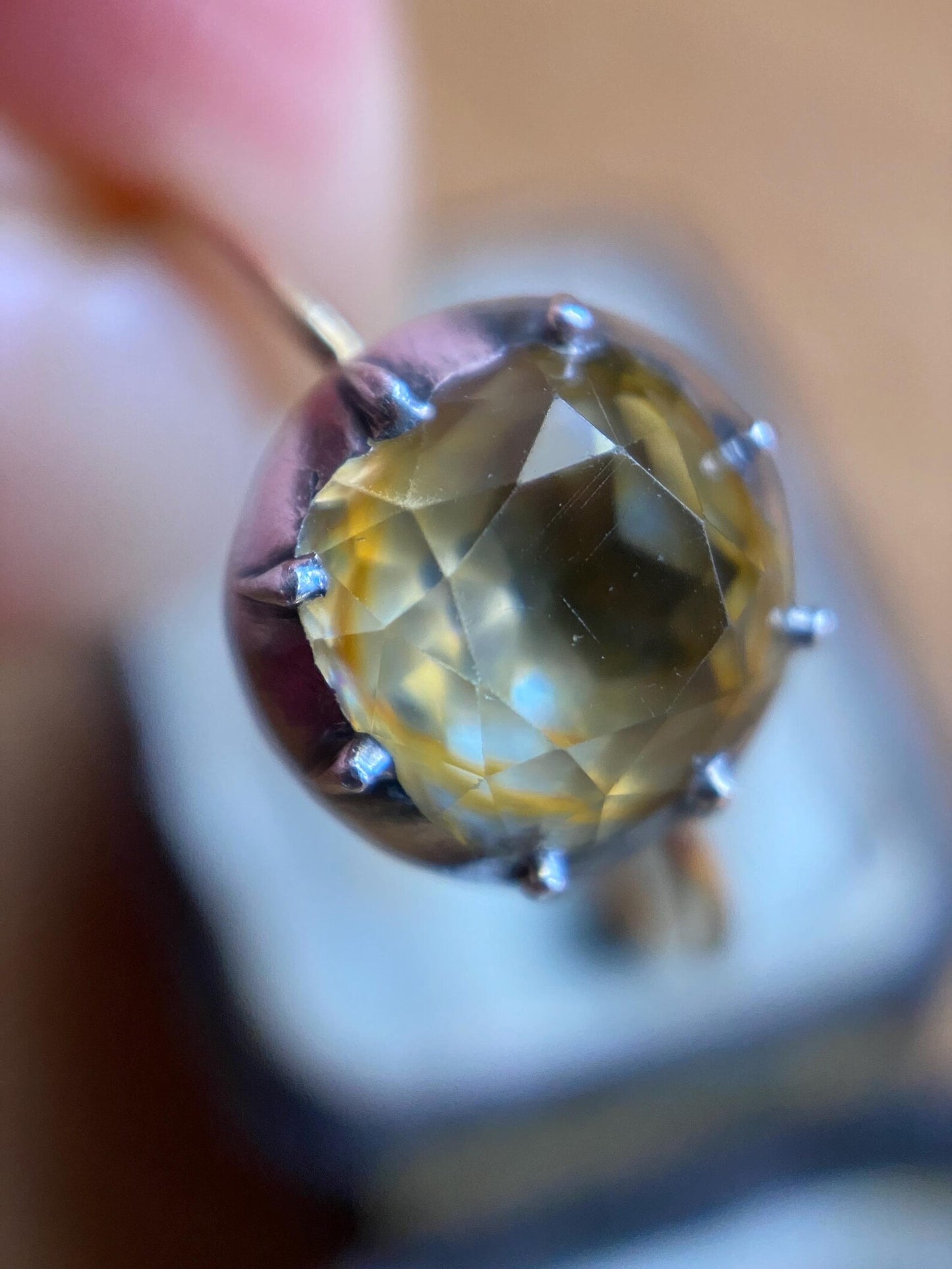 Antique Georgian Crimped & Cut Down Collet Set Foiled Yellow Topaz Round Solitaire in Silver and 14k Gold, 1800's, 19th Century, Engagement