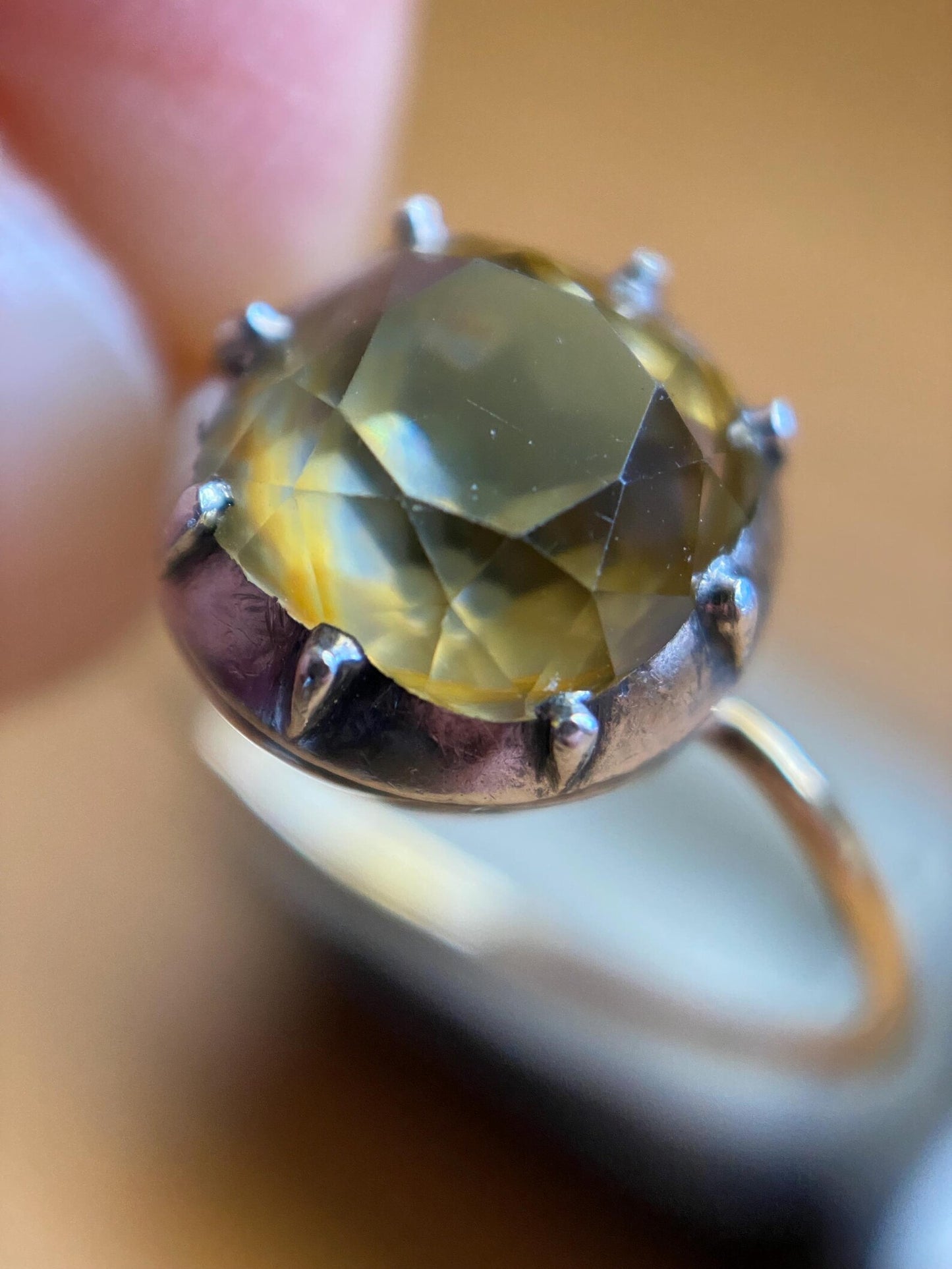 Antique Georgian Crimped & Cut Down Collet Set Foiled Yellow Topaz Round Solitaire in Silver and 14k Gold, 1800's, 19th Century, Engagement