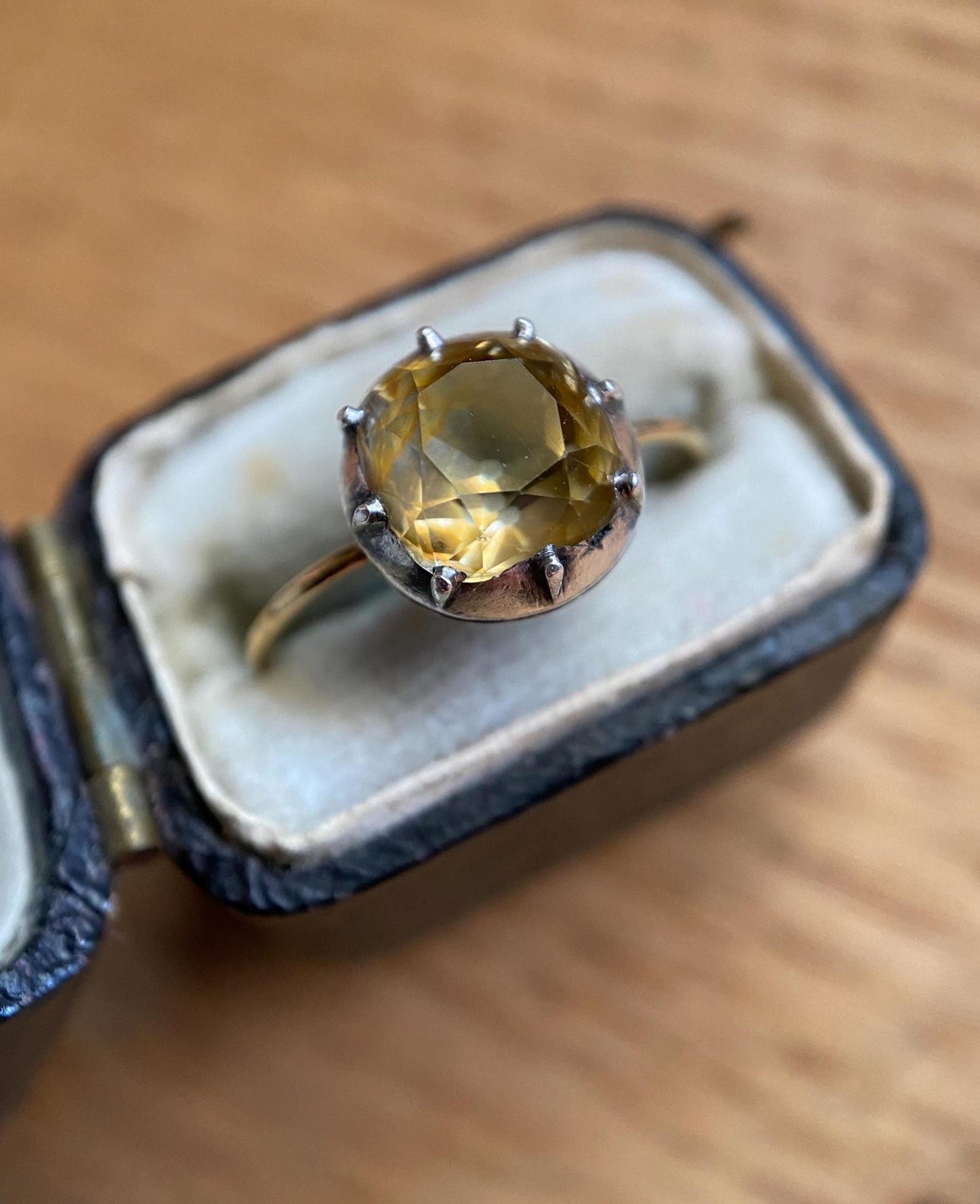 Antique Georgian Crimped & Cut Down Collet Set Foiled Yellow Topaz Round Solitaire in Silver and 14k Gold, 1800's, 19th Century, Engagement