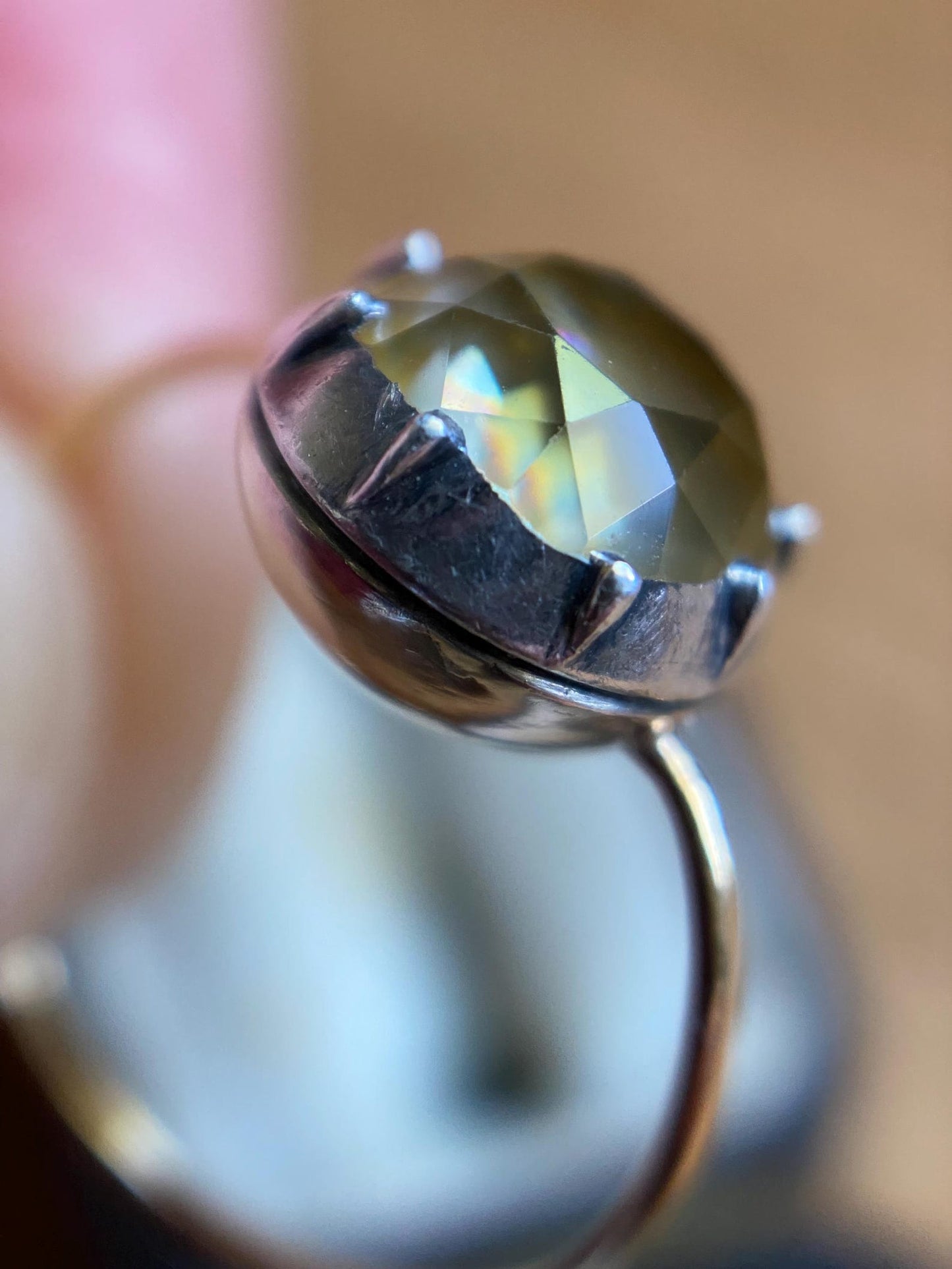 Antique Georgian Crimped & Cut Down Collet Set Foiled Yellow Topaz Round Solitaire in Silver and 14k Gold, 1800's, 19th Century, Engagement