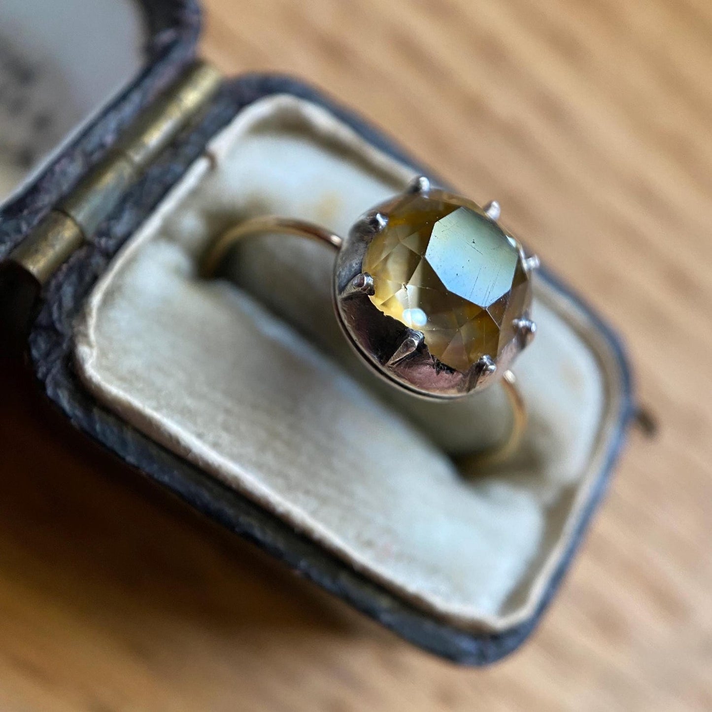 Antique Georgian Crimped & Cut Down Collet Set Foiled Yellow Topaz Round Solitaire in Silver and 14k Gold, 1800's, 19th Century, Engagement
