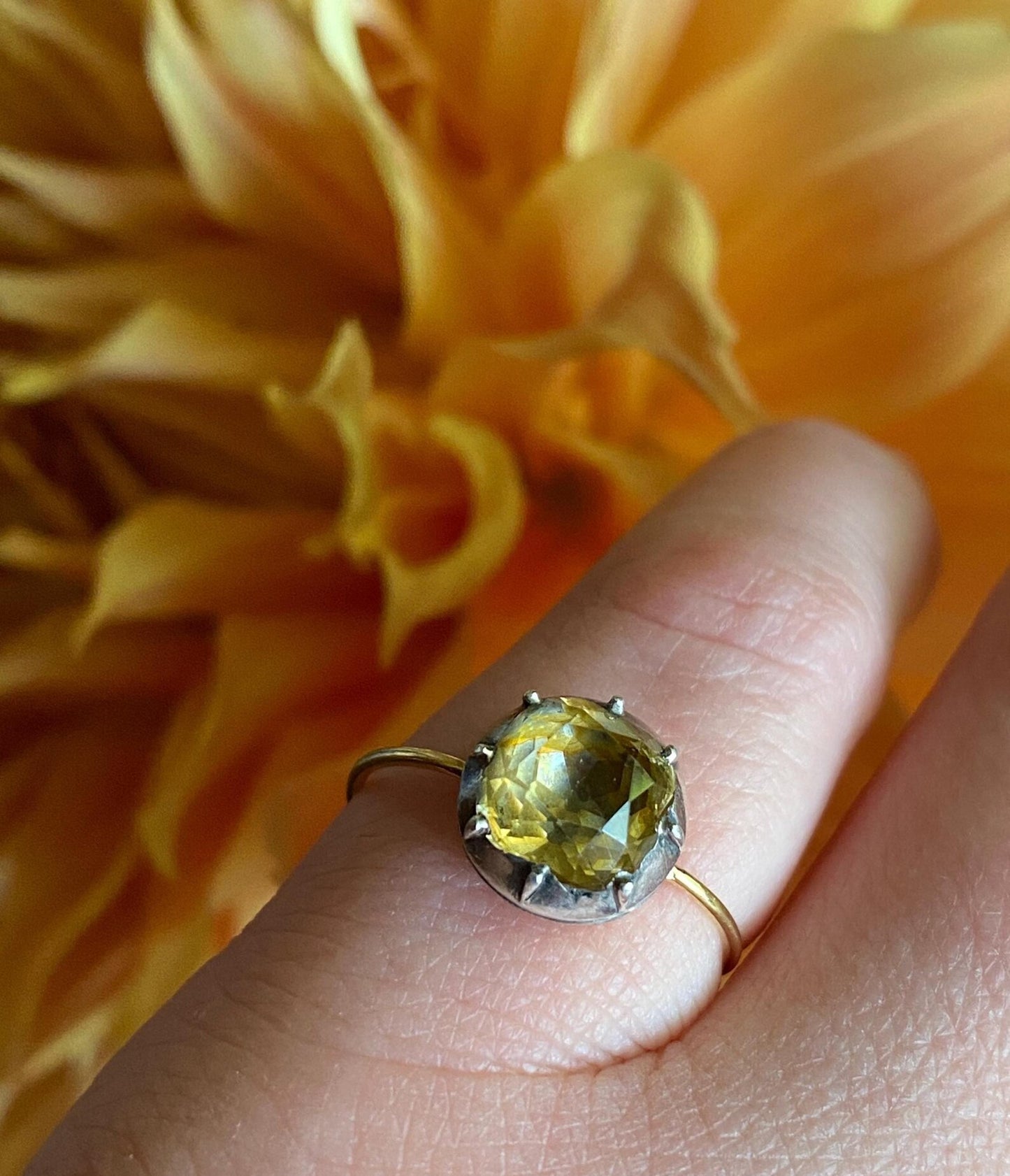 Antique Georgian Crimped & Cut Down Collet Set Foiled Yellow Topaz Round Solitaire in Silver and 14k Gold, 1800's, 19th Century, Engagement