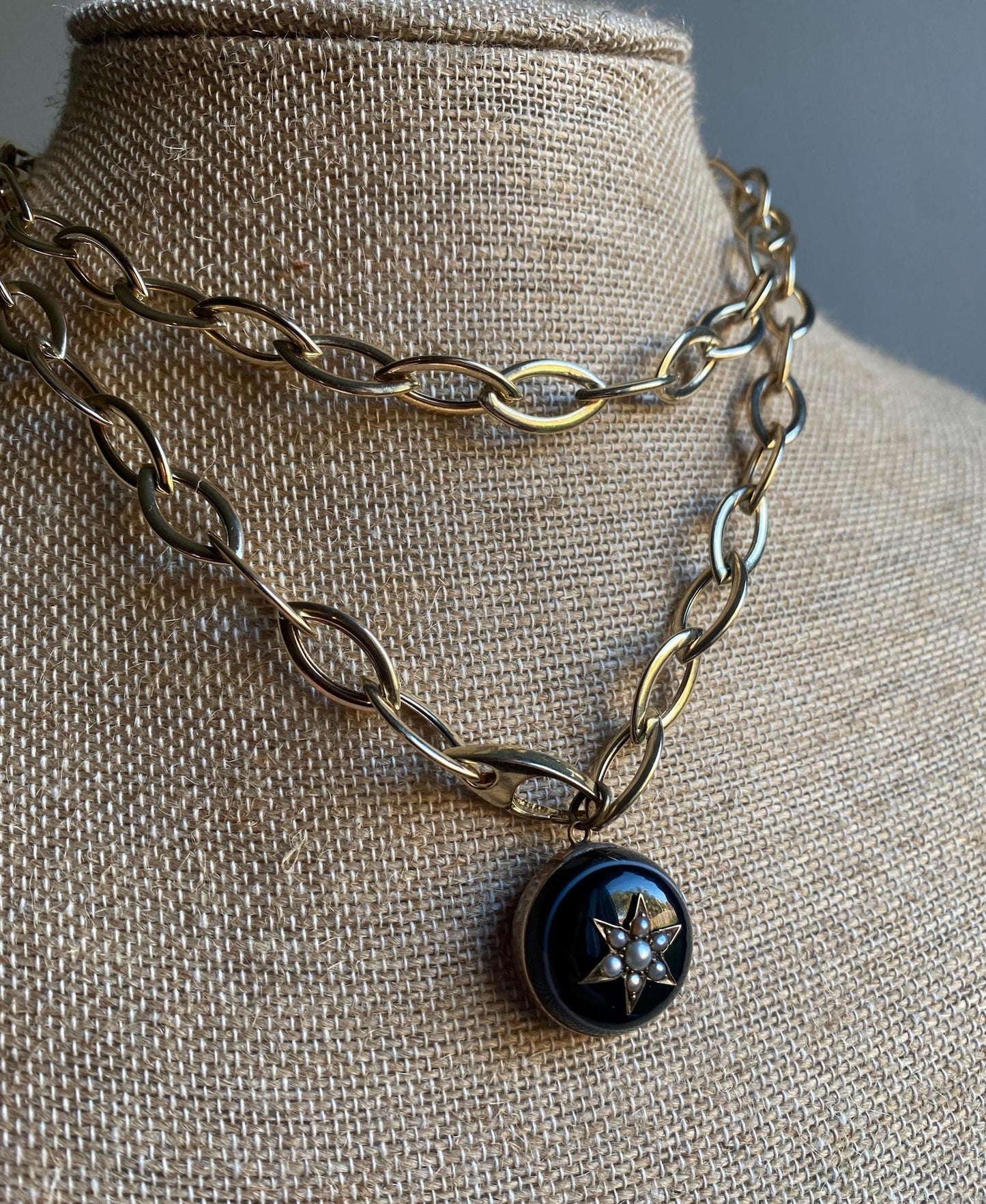 Antique Victorian Mourning Half Dome Banded Agate w/ Central Seed Pearl Starburst & Locket Back in 9k Gold, Bullseye, 1800's, Sentimental