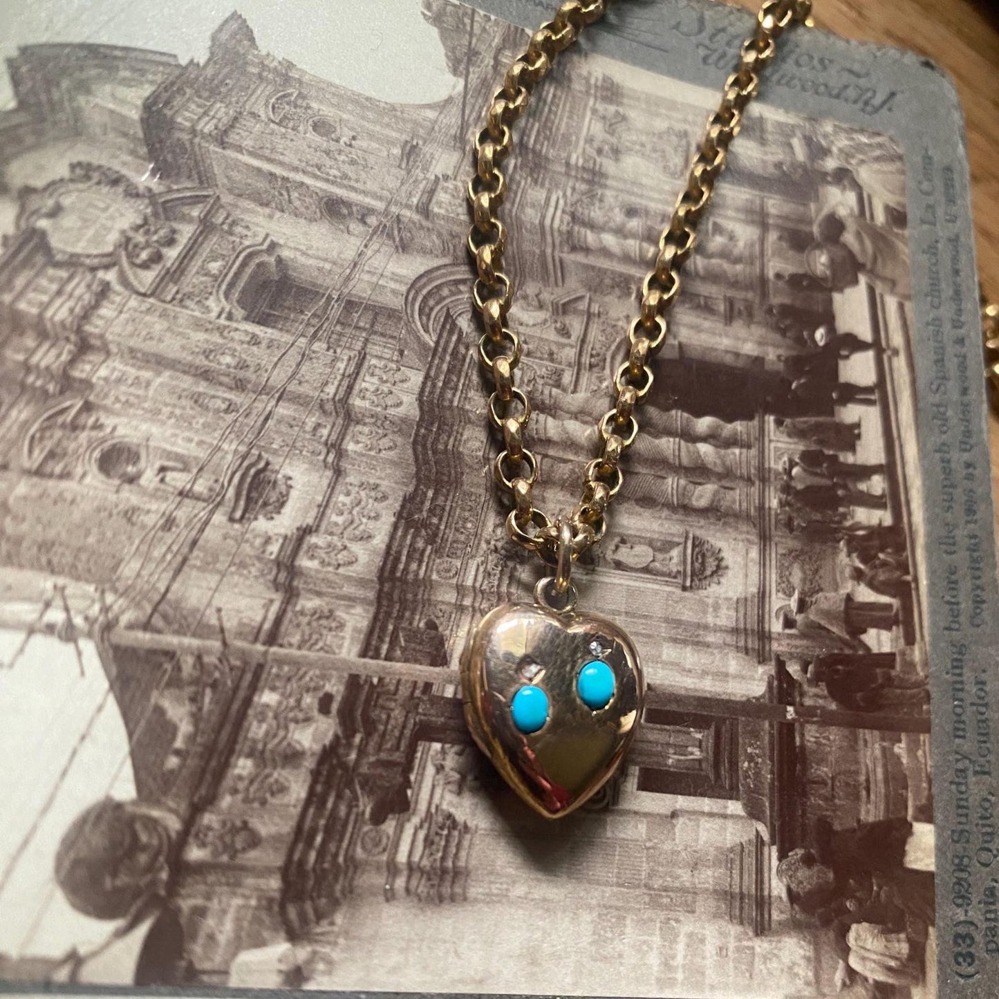 Antique Victorian Petite Puffy Heart Locket with Duo of Diamonds & Duo of Turquoise Cabochons in Peachy Rose Gold, Pendant, Charm, 1800's