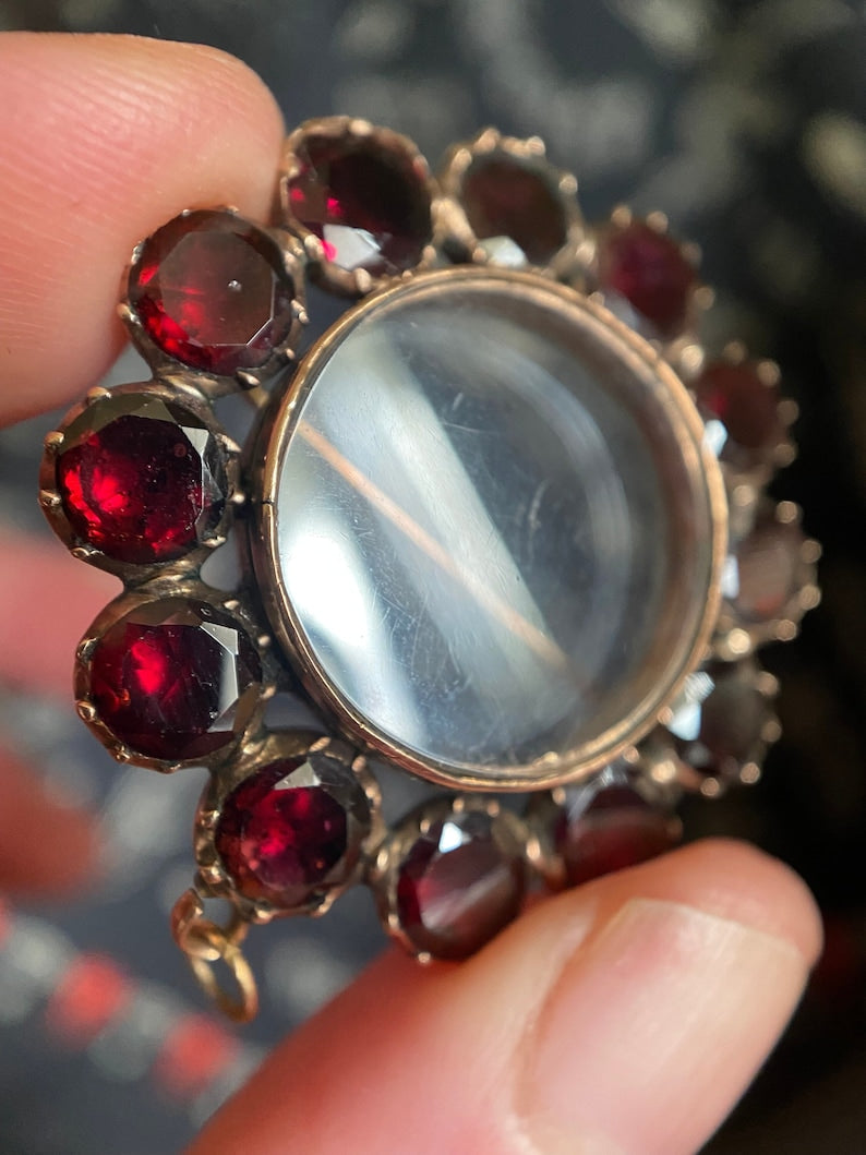 Antique Georgian Foiled Flat Cut Garnet Surround Glass Compartment Locket in 9k Rose Gold, Shaker, Sentimental, Brooch, Convertible, 1800's
