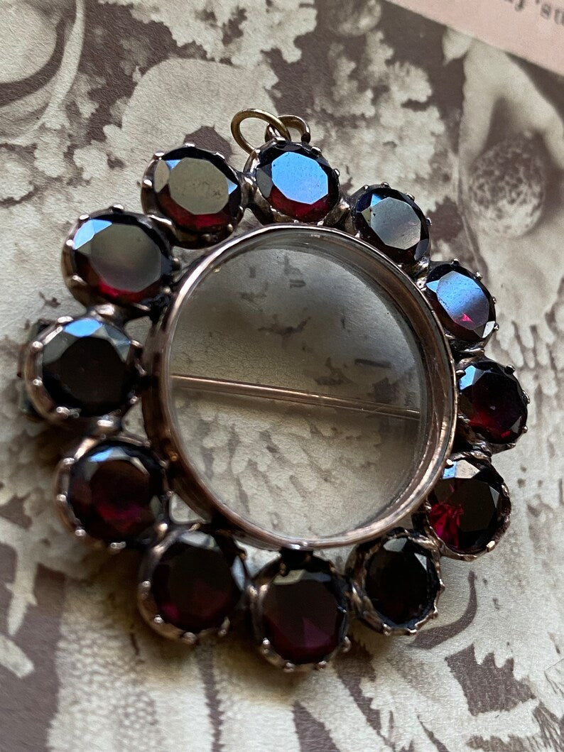 Antique Georgian Foiled Flat Cut Garnet Surround Glass Compartment Locket in 9k Rose Gold, Shaker, Sentimental, Brooch, Convertible, 1800's