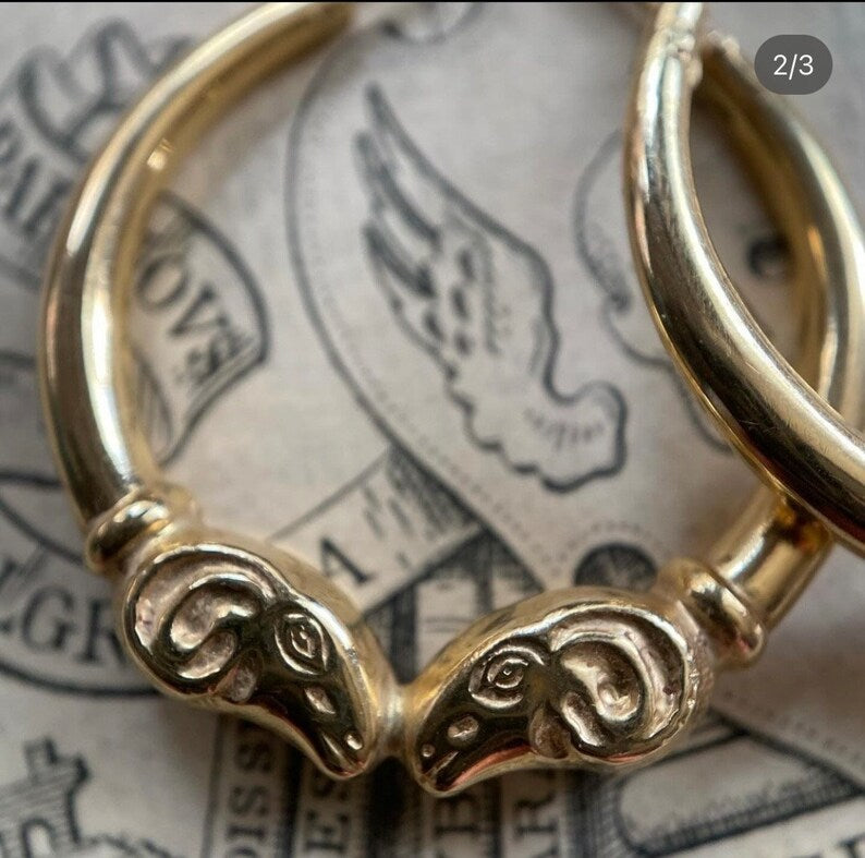 Vintage Italian Pair of Double Kissing Rams Head Hoop Earrings in 18k Gold c. 1980, 1980's, Hollow, Aries, Zodiac, Sun Sign, Medium, Figural