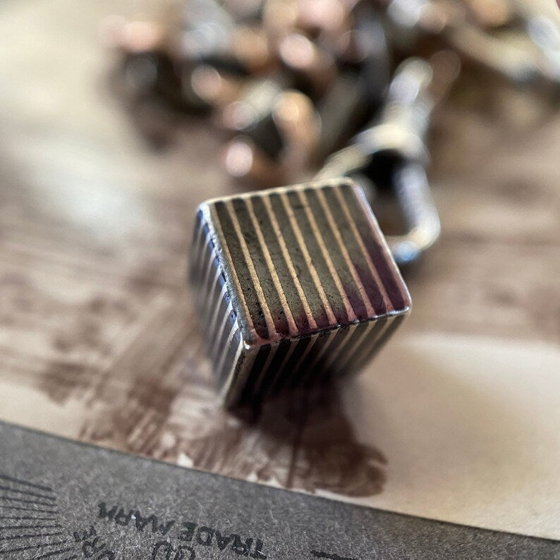 Antique Victorian Silver Niello Striped Cube Fob Charm c. 1900, Edwardian, Pendant, Square, Geometric, Three Dimensional, Black Enamel