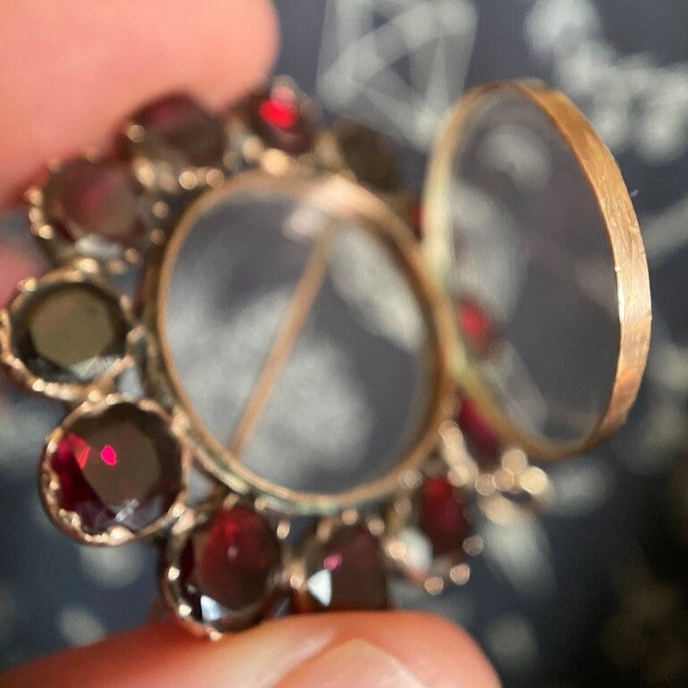 Antique Georgian Foiled Flat Cut Garnet Surround Glass Compartment Locket in 9k Rose Gold, Shaker, Sentimental, Brooch, Convertible, 1800's