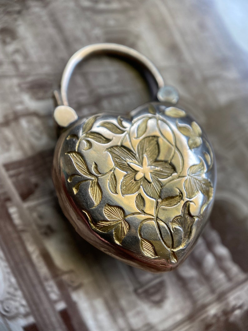 Antique Victorian Engraved Puffy Heart Padlock Pendant with Hair Locket Back c. 1870 in 15k Gold, Charm, Sentimental, Mourning, Floral, Ivy, Flowers, 1800's