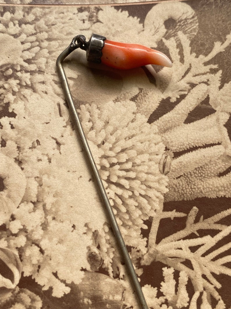 Antique Victorian Articulated Carved Coral Cornicello Stick Pin in Silver c. 1890, Good Luck, Tie Pin, Lapel, Evil Eye, Novelty, Brooch, 1800's