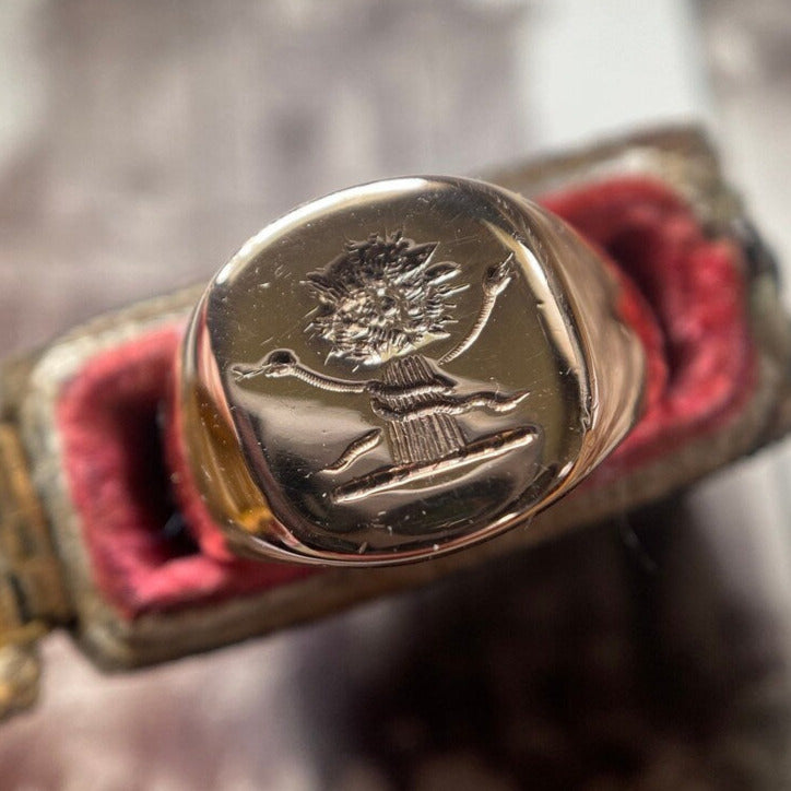 Antique Edwardian Entwined Snakes & Tree Signet Ring in 9k Gold with Full Chester Hallmarks c. 1913, 1900's, Heraldic Crest, Vintage, Art Deco