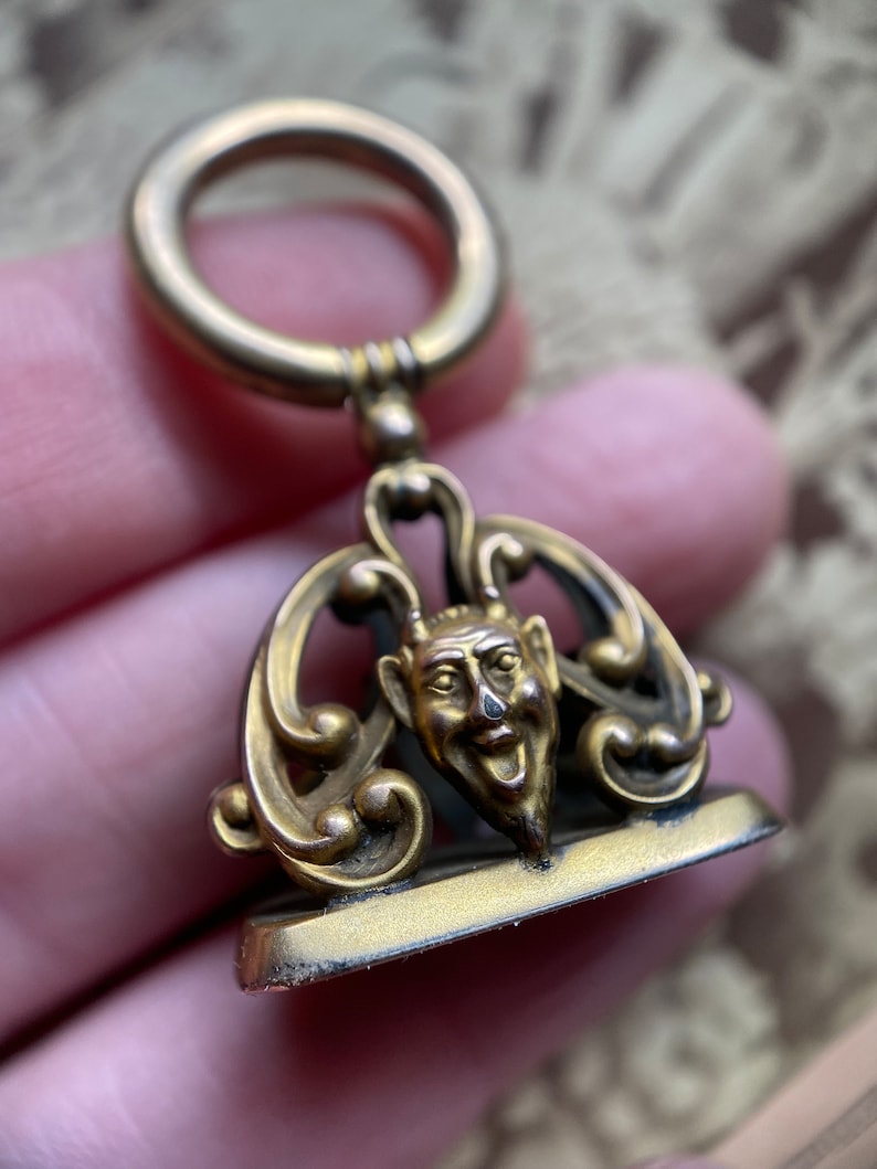Antique Victorian Openwork Grotesque Laughing Devil Face Fob Pendant in 14k Gold Fill c. 1890, Demon, Charm, Watch Chain, Novelty, Imp, 1800's