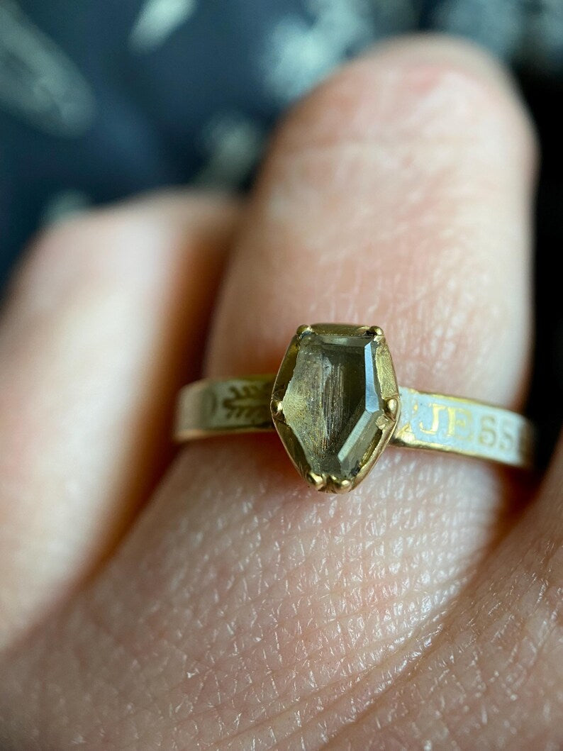 Antique Georgian White Enamel & Rock Crystal Coffin over Hair Mourning Ring c. 1773 in Gold, 1700's, Memorial, 18th Century, Hairwork
