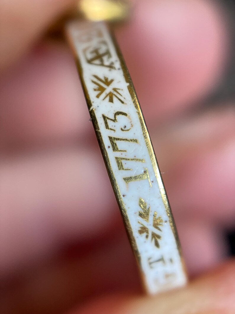 Antique Georgian White Enamel & Rock Crystal Coffin over Hair Mourning Ring c. 1773 in Gold, 1700's, Memorial, 18th Century, Hairwork
