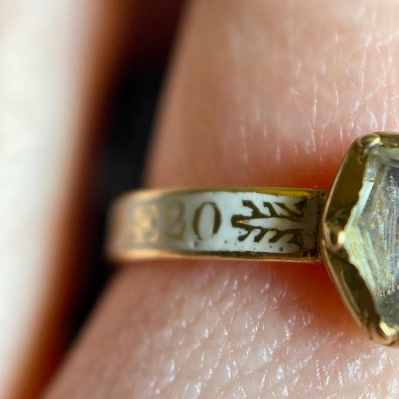 Antique Georgian White Enamel & Rock Crystal Coffin over Hair Mourning Ring c. 1773 in Gold, 1700's, Memorial, 18th Century, Hairwork