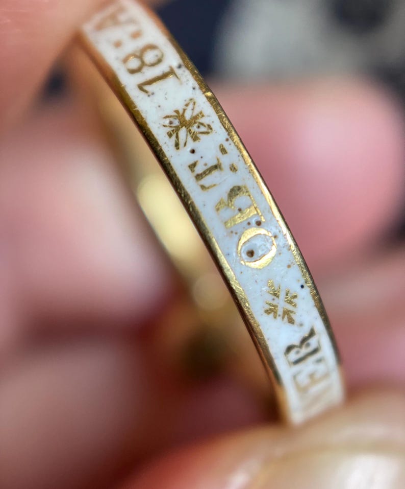 Antique Georgian White Enamel & Rock Crystal Coffin over Hair Mourning Ring c. 1773 in Gold, 1700's, Memorial, 18th Century, Hairwork