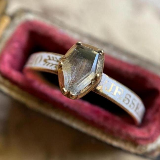 Antique Georgian White Enamel & Rock Crystal Coffin over Hair Mourning Ring c. 1773 in Gold, 1700's, Memorial, 18th Century, Hairwork