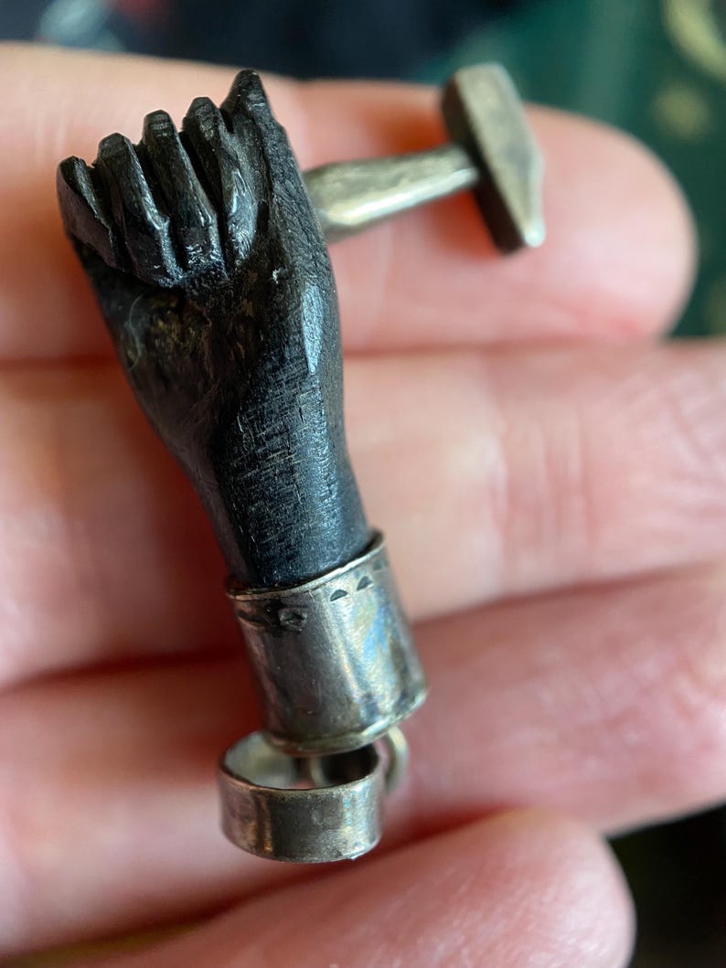 Antique Victorian Hand Carved Whitby Jet Mano Figa with Hammer & Cuff in Silver, 1800's, Fist, Mano Fico, Amulet, Talisman, Evil Eye, Good Luck Charm, 19th c