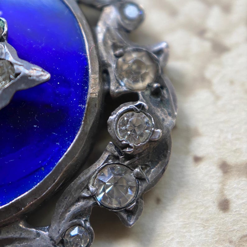 Antique Early Victorian Round Bristol Blue Glass & Paste Surround Dangle Pendant in Silver c. 1800, Circular, Late Georgian, Drop, Engraved, Floral, Cross,