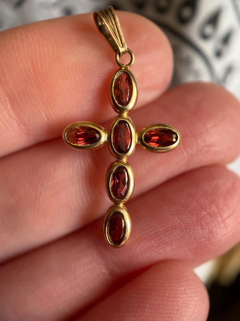 Vintage Dainty Oval Flat-Cut Garnet Six Stone Cross Charm in 14k Yellow Gold c. 1980, Bezel Set, Pendant, Devotional, Religious, Necklace