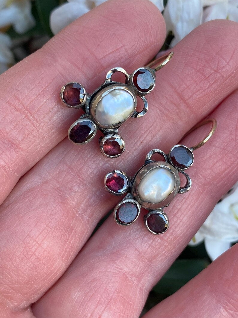 Antique Georgian Austrio-Hungarian Mini Girandole Drop Earrings with a Saltwater Pearl and Flat-Cut Foiled Garnets in Silver and 14k Gold