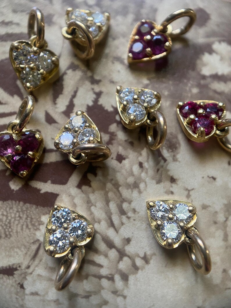 Estate Rose Petal Pink Ruby Set Heart Micro Charms in 18k Gold, Vintage, Pendants, Gift, Dainty, Tiny, Petite, Mini, Minimalist