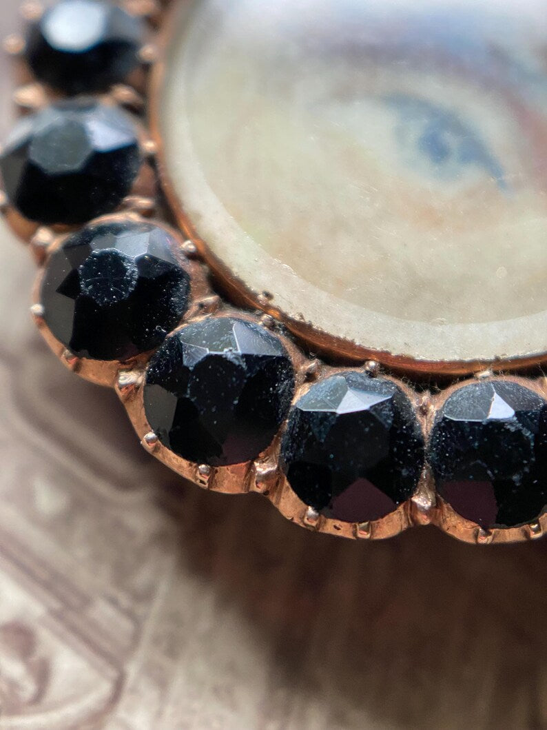 Antique Georgian Male Lover's Eye Pendant with Faceted Graduated Onyx Halo in 10k Rose Gold & Hair Locket to the Reverse, Sentimental, 1800s