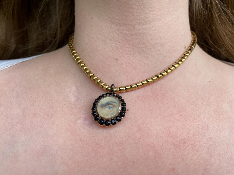 Antique Georgian Male Lover's Eye Pendant with Faceted Graduated Onyx Halo in 10k Rose Gold & Hair Locket to the Reverse, Sentimental, 1800s