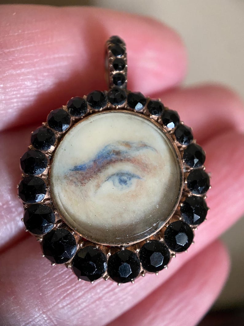 Antique Georgian Male Lover's Eye Pendant with Faceted Graduated Onyx Halo in 10k Rose Gold & Hair Locket to the Reverse, Sentimental, 1800s